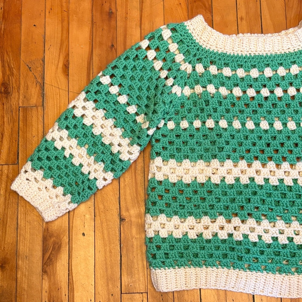 Hand Crafted Green and White Crochet Scoop-Neck Sweater - Large to Extra Large - Picture 2 of 8